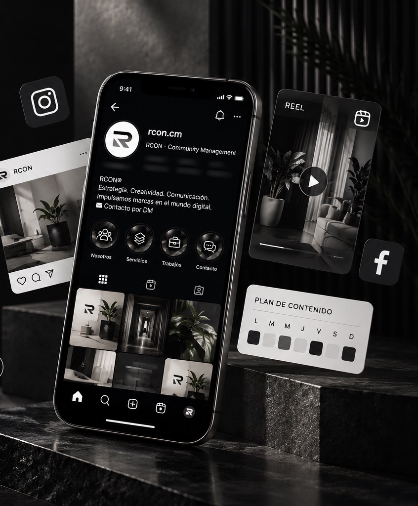 Smartphone con el perfil de Instagram de RCON (rcon.cm), acompañado por una publicación, un Reel, un plan de contenido y los íconos de Instagram y Facebook. Composición ilustrativa.