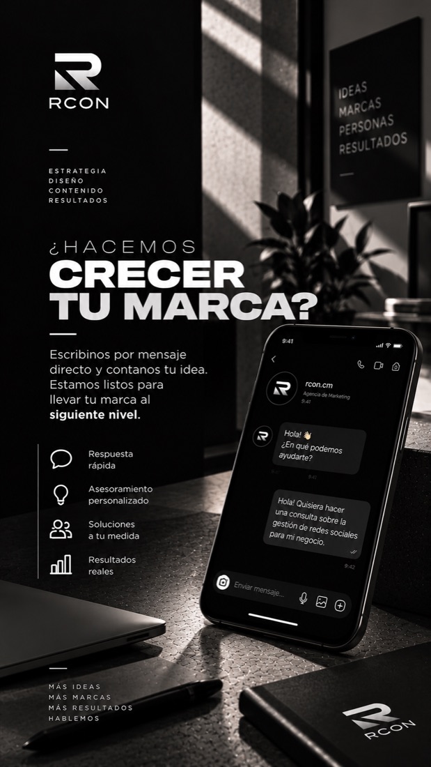 Historia de Instagram de RCON que invita a escribir por mensaje directo, con un smartphone mostrando un chat.