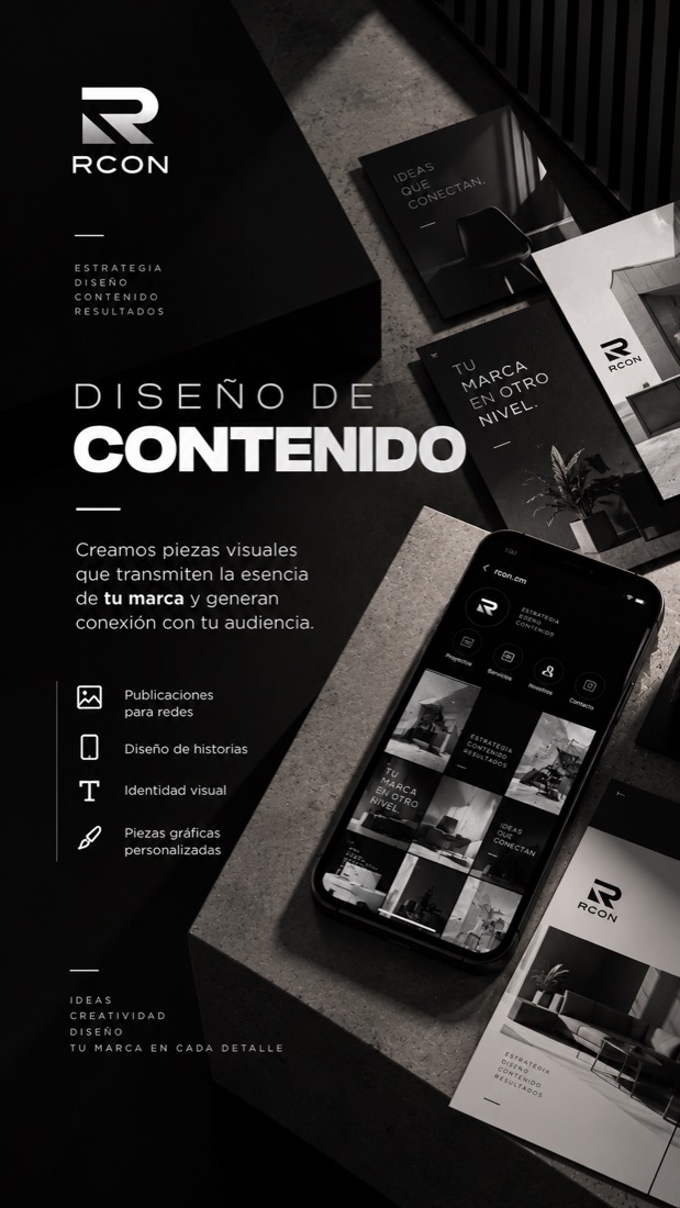 Historia de Instagram de RCON sobre diseño de contenido, con piezas impresas y un smartphone.