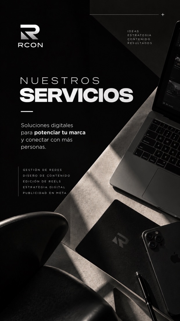 Historia de Instagram de RCON que presenta sus servicios, con una notebook y una tablet en blanco y negro.