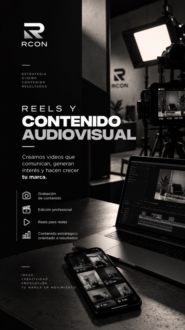 Historia de Instagram de RCON sobre Reels, con una cámara, una luz de estudio y una notebook de edición.